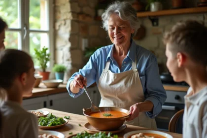 Femme âgée servant soupe au pistou à sa famille dans une cuisine provençale
