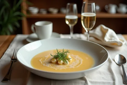 Bol de soupe champagne élégant servi avec une flûte de champagne sur une nappe en lin, garni d'herbes fraîches et d'une mousse légère