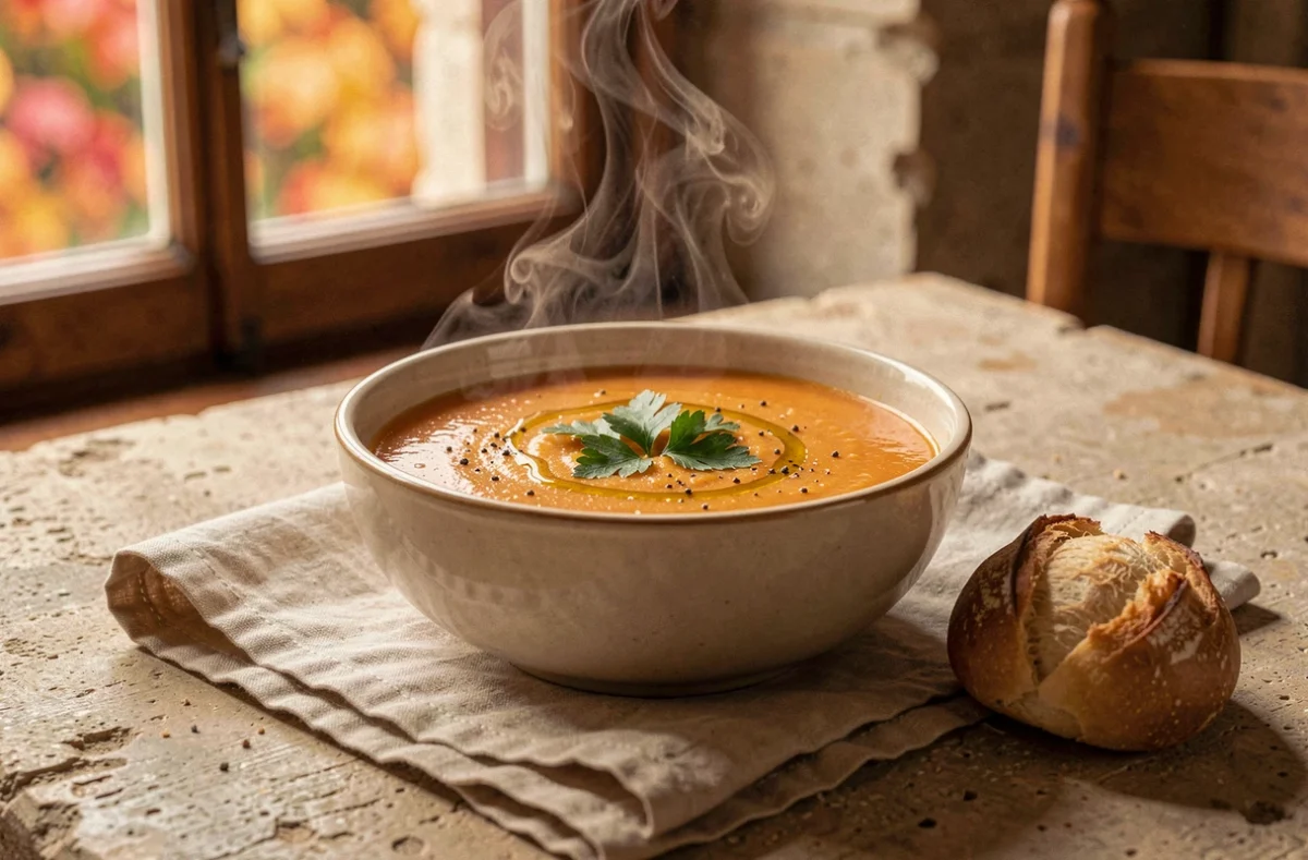 Bol de soupe fumante à la courge longue de Nice avec pain croustillant sur une table en pierre rustique