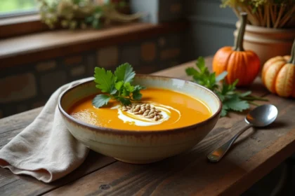 Bol de soupe poireau potimarron au curry doux garni de graines de courge et de coriandre fraîche, servi sur une table en bois rustique