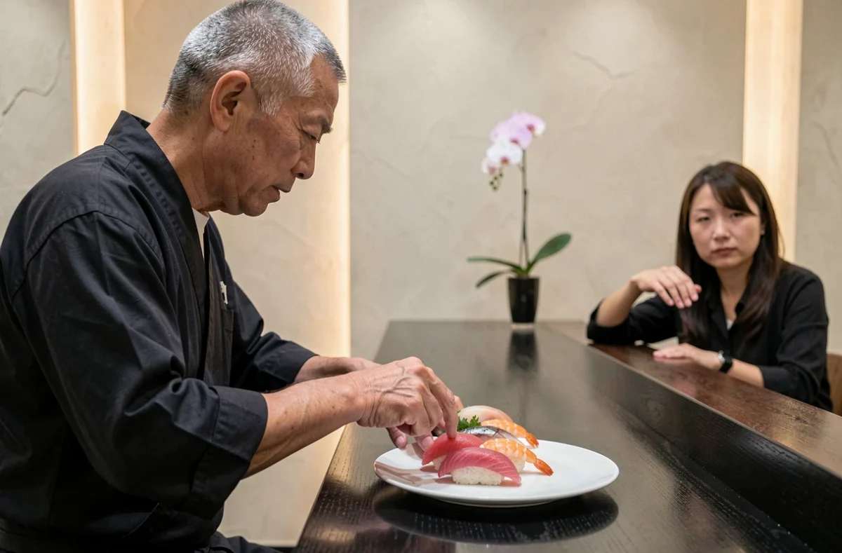 Chef sushi en tablier blanc alignant des pièces de nigiri sur une assiette céramique au comptoir du restaurant Sushi B, rue Rameau à Paris