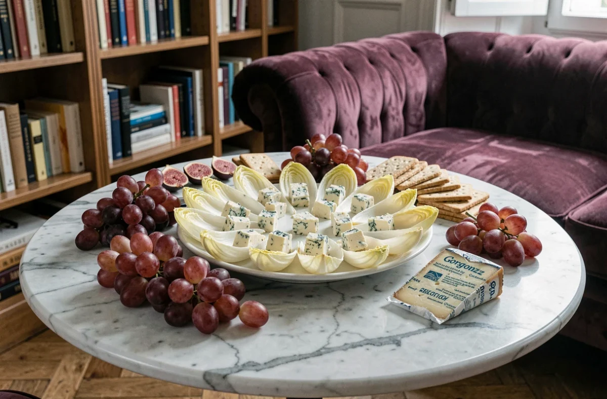 Table d'apéritif chic avec endives au fromage bleu, raisins et figues sur marbre blanc dans un salon parisien