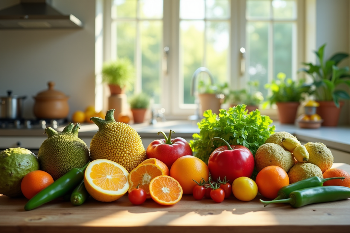 Table lumineuse avec fruits et légumes J