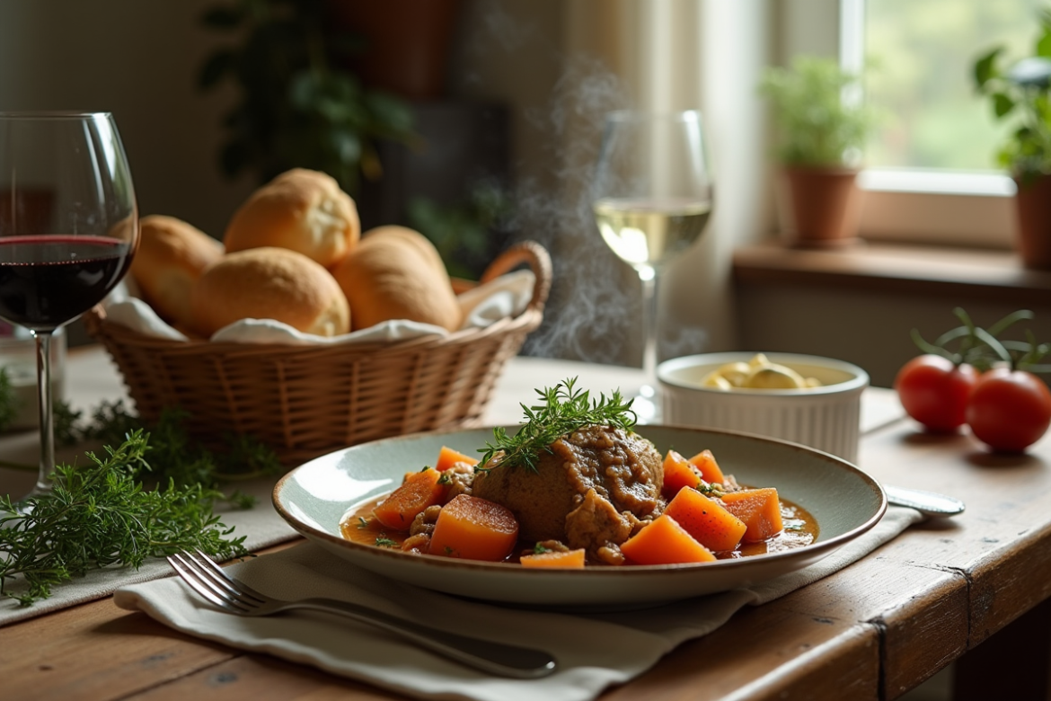 Table rustique avec civet de lapin et pain frais