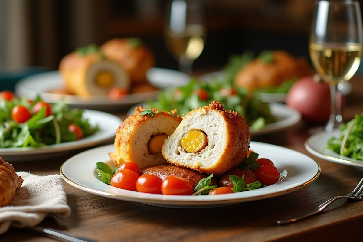 Table de dîner familial avec cordon bleu coupé et légumes colorés