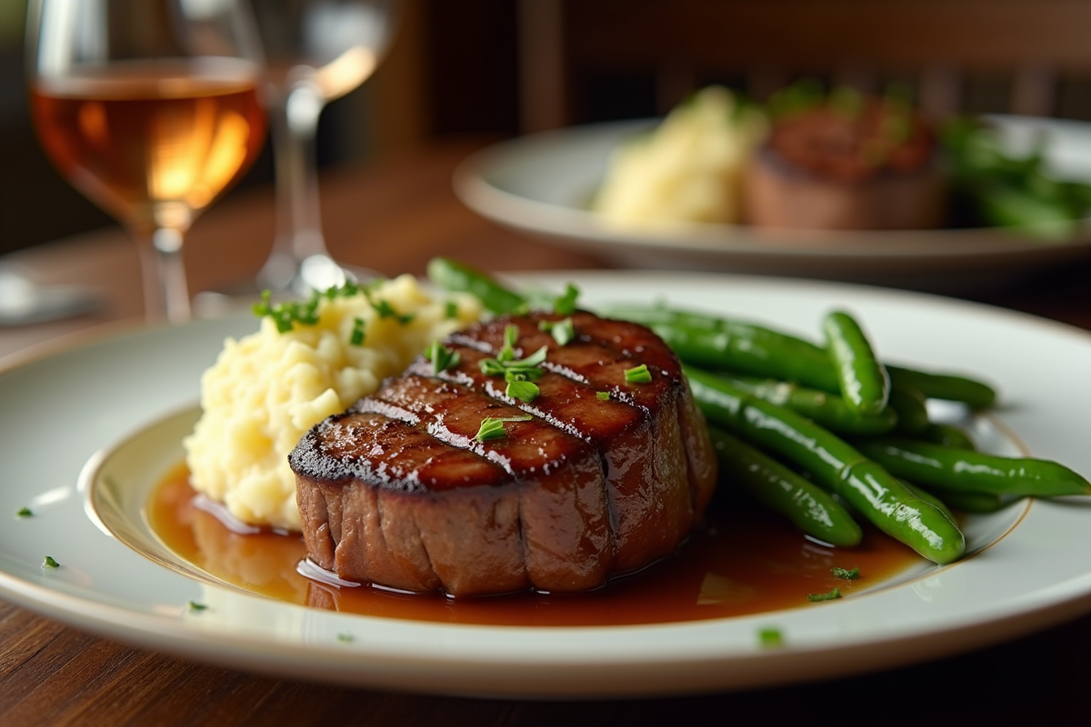 Table élégante avec filet mignon et purée de pommes de terre