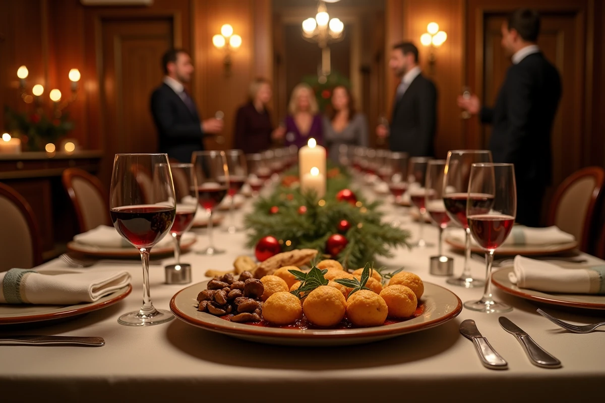 Table de fête dressée avec un plat de crépinettes dorées entourées de légumes rôtis et de verres de vin rouge pour un repas festif