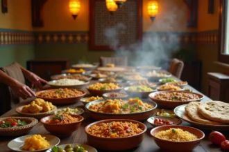 Table du ftour égyptien pendant le Ramadan avec des plats traditionnels comme le koshari, le ful medames et la soupe de lentilles