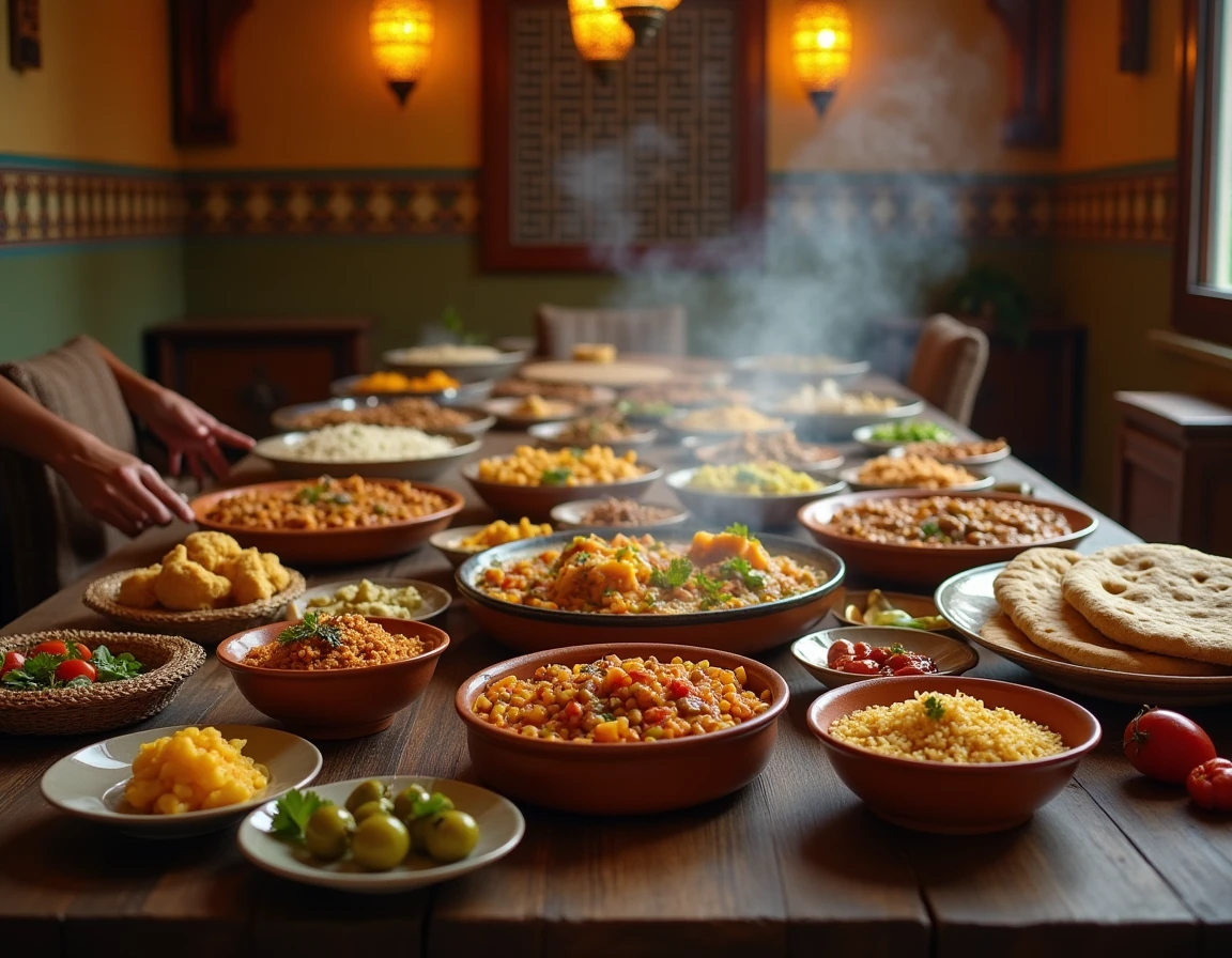 Table du ftour égyptien pendant le Ramadan avec des plats traditionnels comme le koshari, le ful medames et la soupe de lentilles