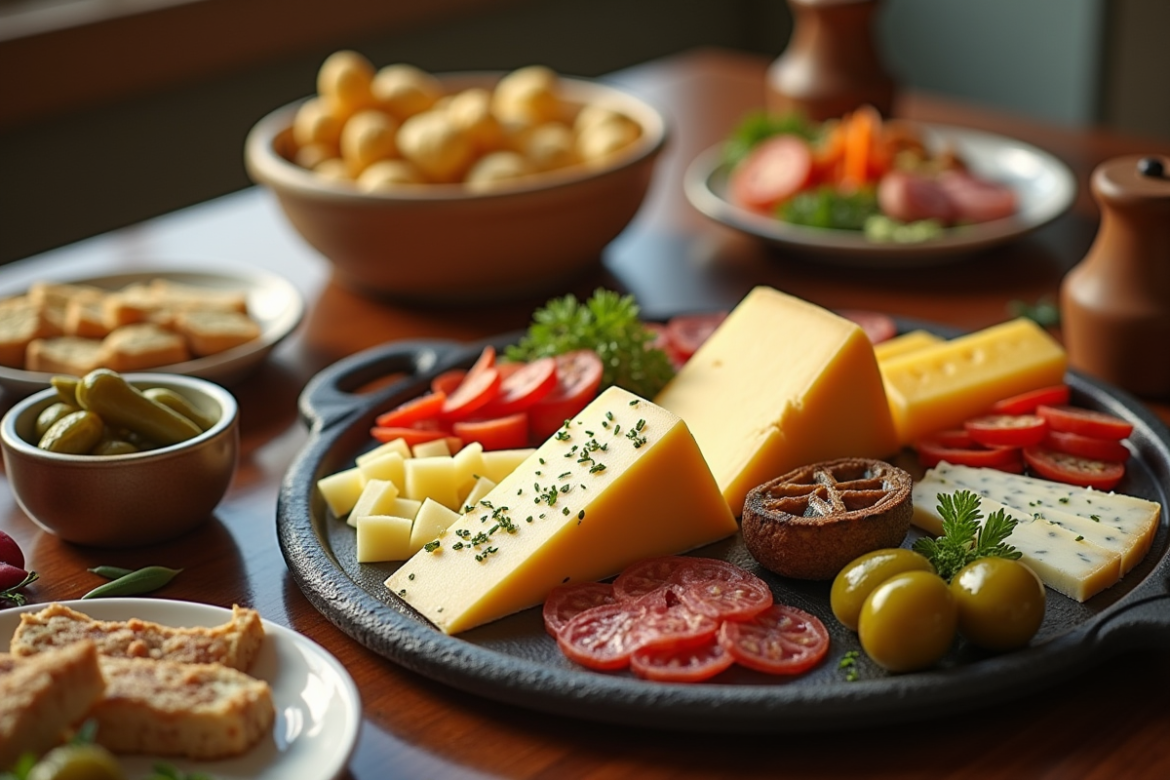 Table raclette chaleureuse avec fromages et charcuterie