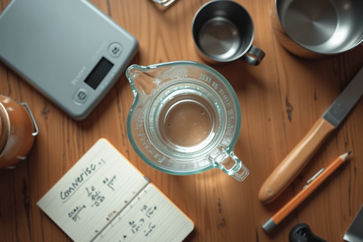 Vue de dessus d'une table avec un pichet gradué d'un litre, une balance numérique et des notes manuscrites sur la conversion litres en kilogrammes