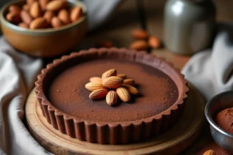 Tarte amandin au chocolat vue de dessus sur une table en bois rustique, garnie d'amandes grillées et de cacao en poudre