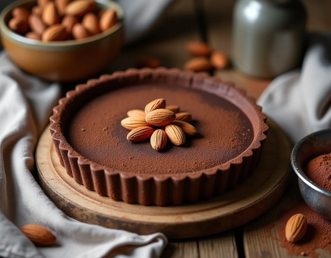 Tarte amandin au chocolat vue de dessus sur une table en bois rustique, garnie d'amandes grillées et de cacao en poudre