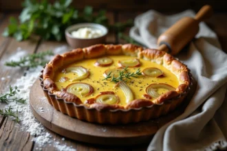 Tarte aux poireaux fondus maison avec pâte feuilletée dorée posée sur une table en bois rustique