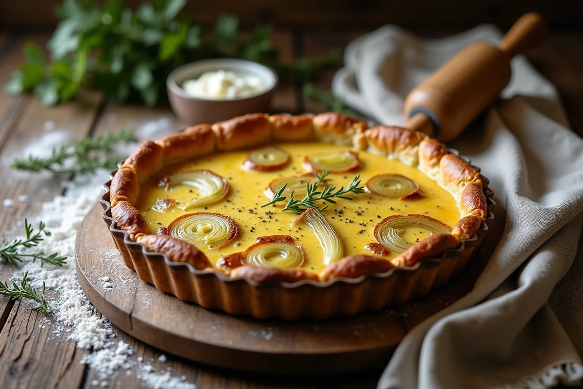 Tarte aux poireaux fondus maison avec pâte feuilletée dorée posée sur une table en bois rustique