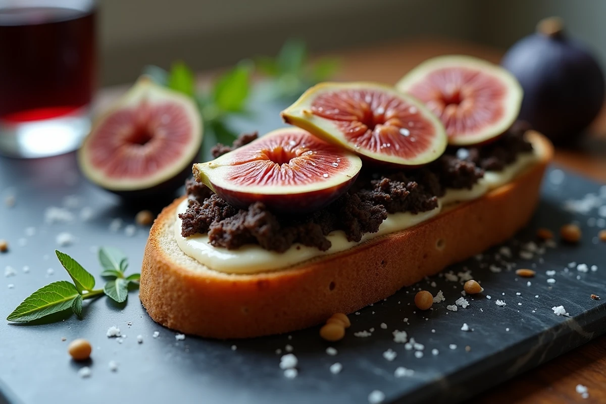 Tartine gourmande de boudin noir émietté aux figues fraîches et crème de châtaigne sur pain au levain