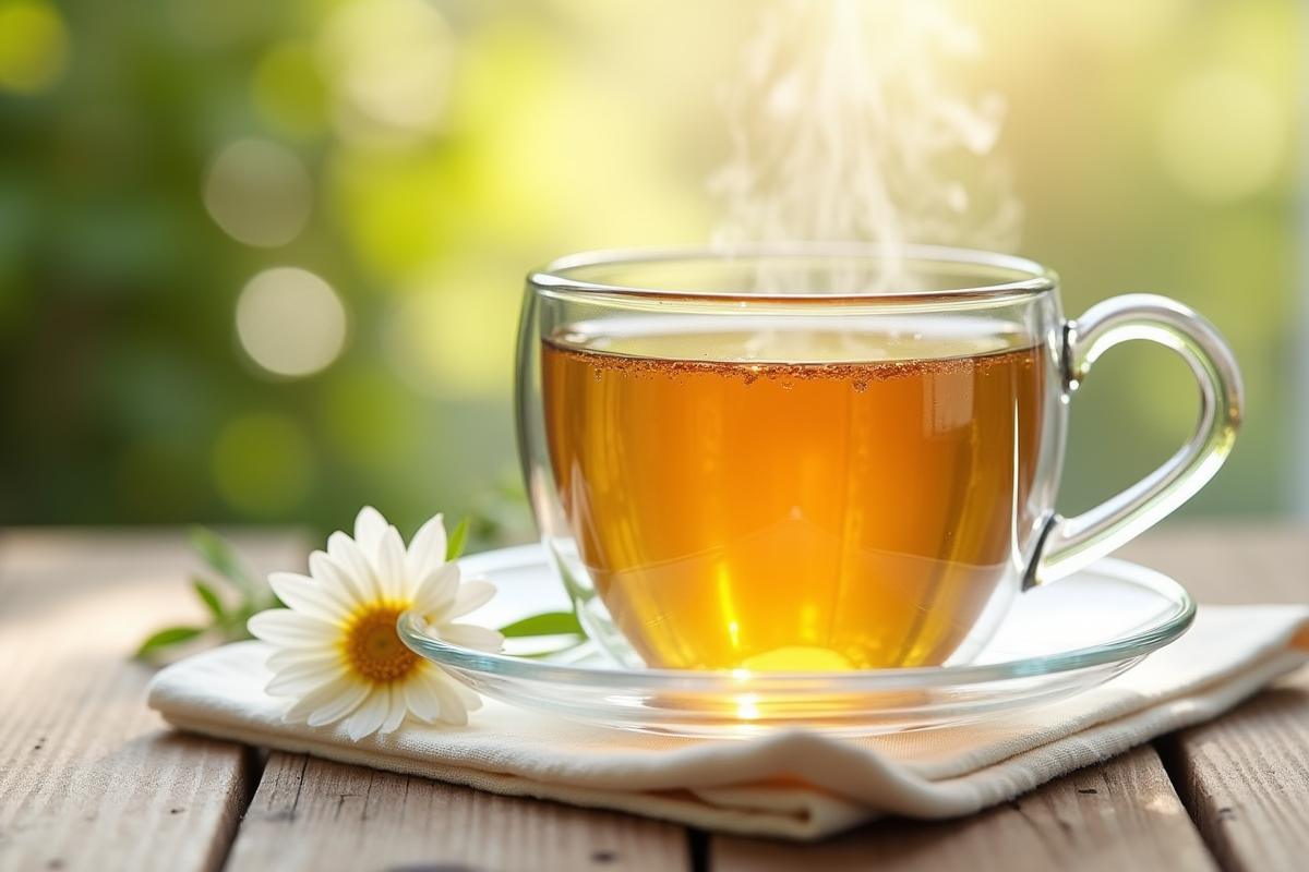 Tasse de thé de fleurs de tilleul sur une serviette en lin blanc