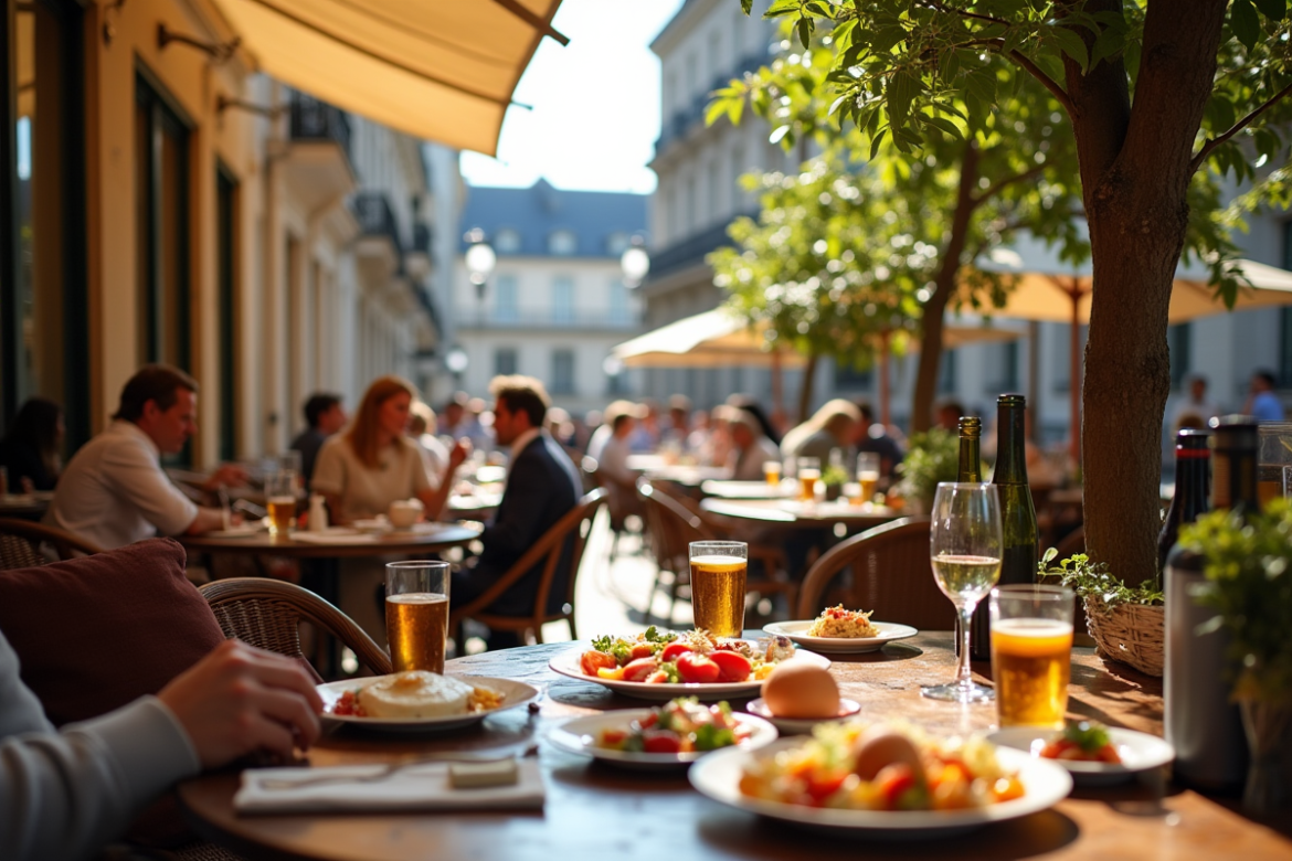 Terrasse animée d un restaurant à Rennes un dimanche ensoleillé