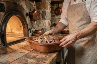Terrine de gibier crue en moule céramique placée dans un four traditionnel par un chef en tablier de lin dans une cuisine rustique en pierre