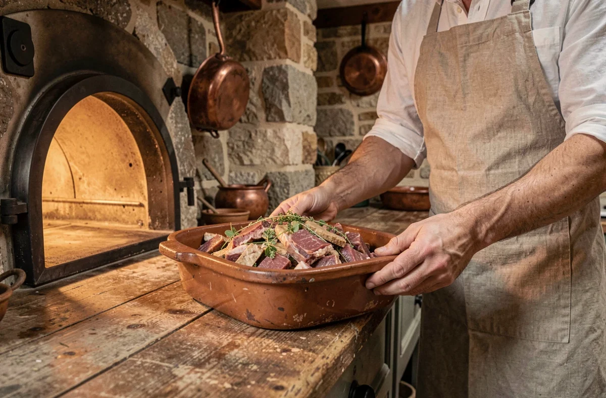 Terrine de gibier crue en moule céramique placée dans un four traditionnel par un chef en tablier de lin dans une cuisine rustique en pierre