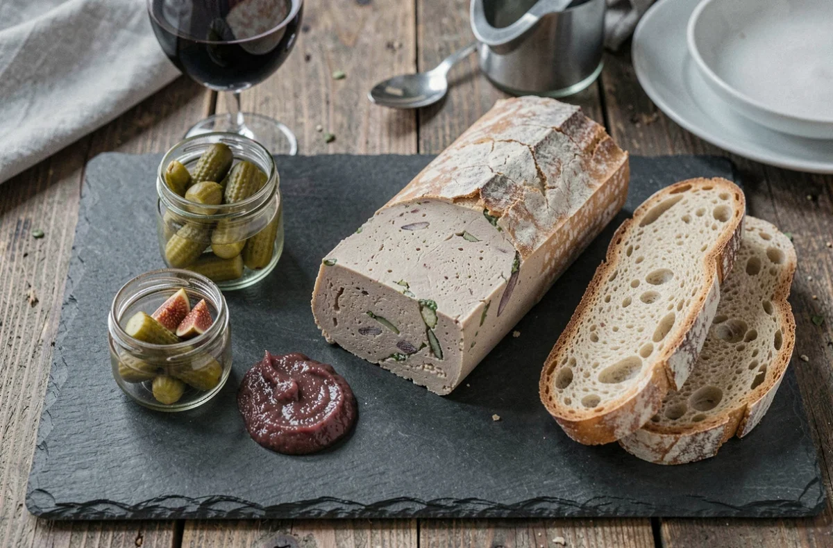 Terrine de gibier dressée sur ardoise avec cornichons, chutney de figues et pain de campagne pour une présentation élégante à table
