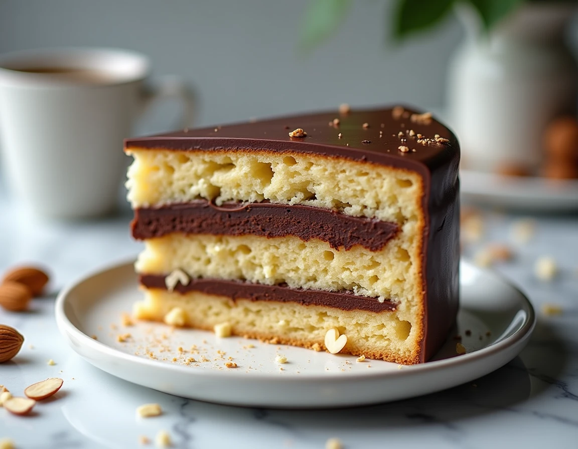Tranche de gâteau amandin au chocolat en gros plan montrant les couches de biscuit aux amandes et de ganache fondante