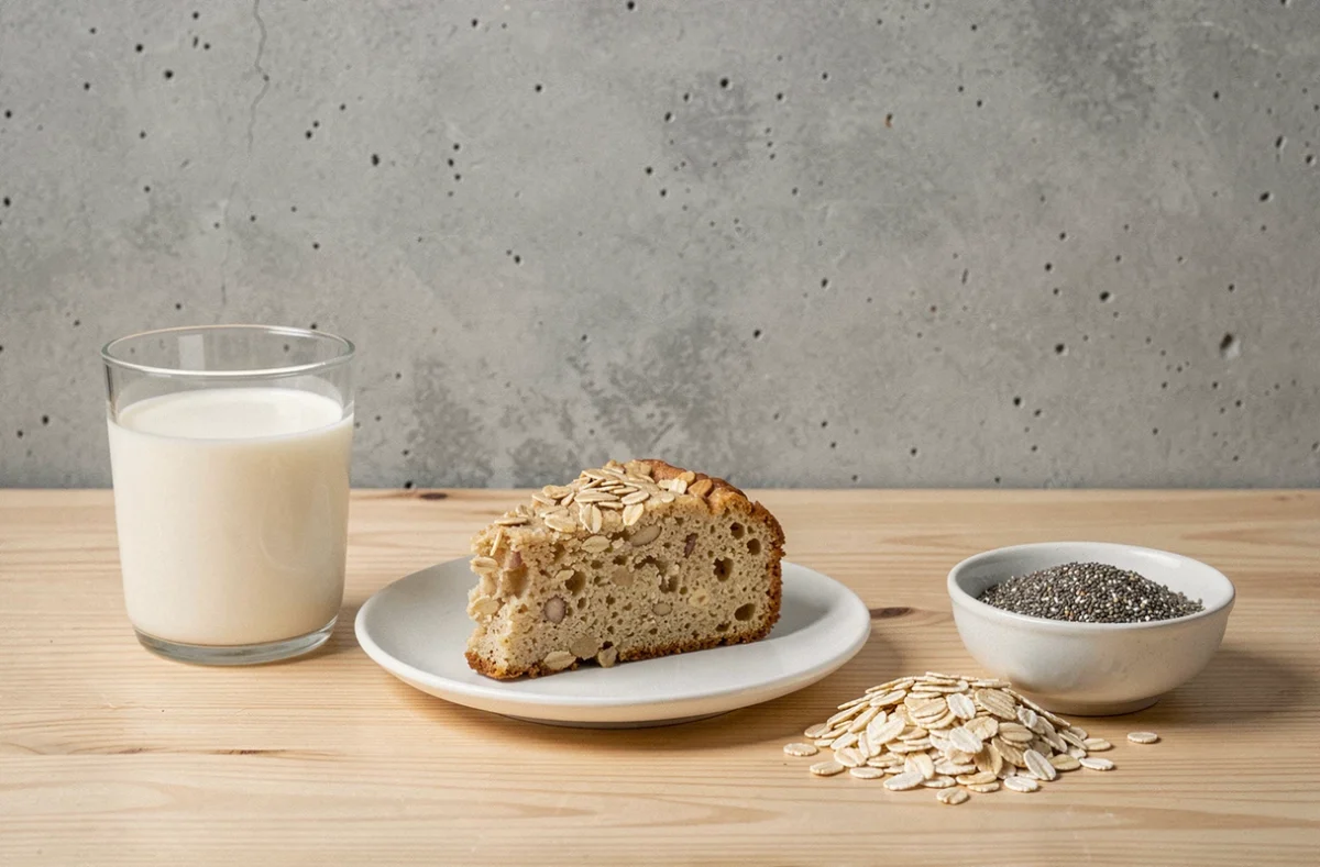 Tranche de gâteau flocon d'avoine sans beurre servie sur une assiette blanche avec un verre de lait d'amande dans une ambiance scandinave minimaliste