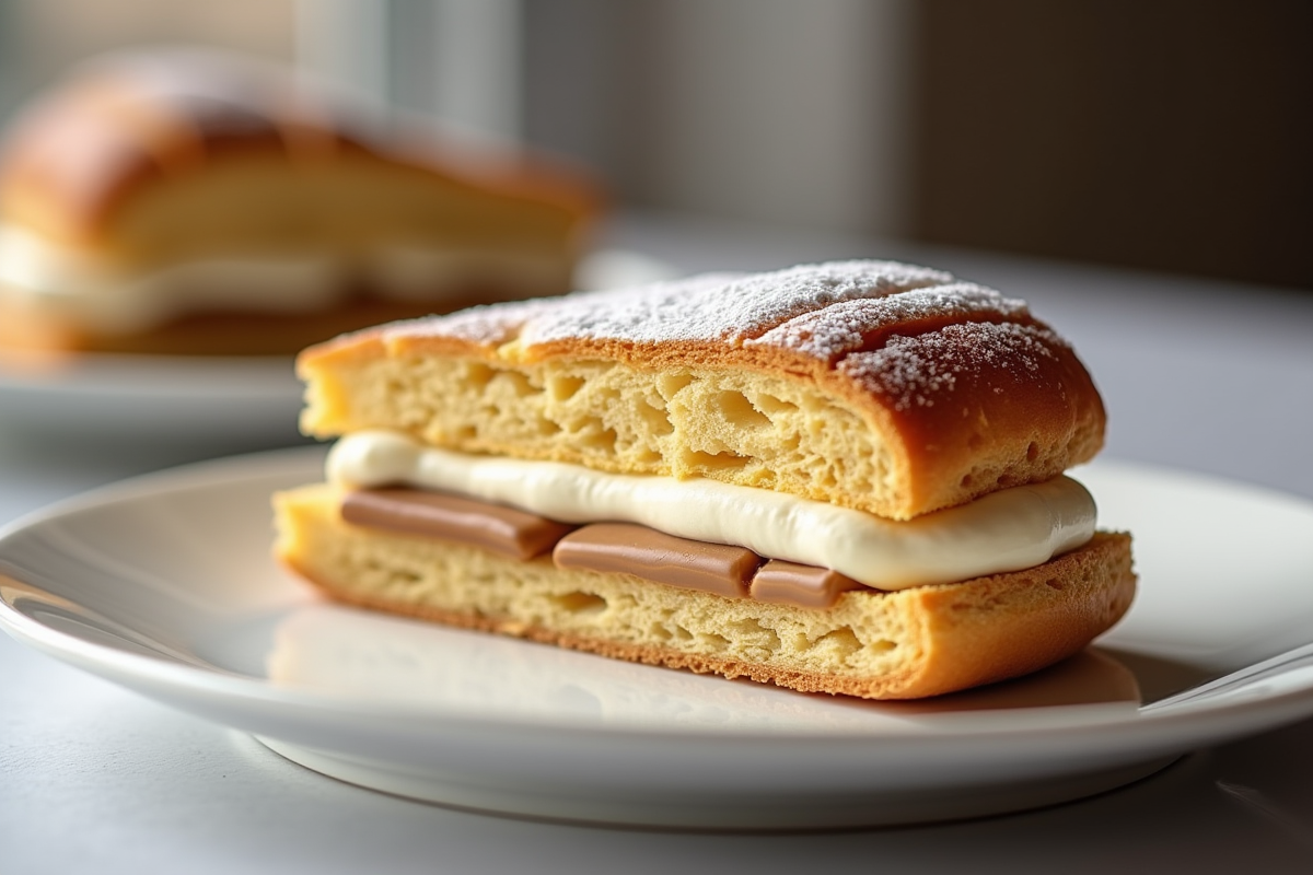 Tranche de ParisBrest sur assiette blanche avec fond flou