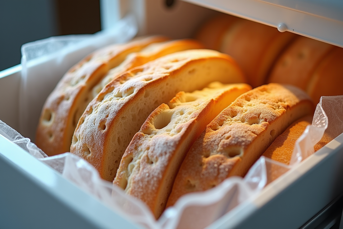 Tranches de pain artisanal stockees dans un tiroir freezer glacé