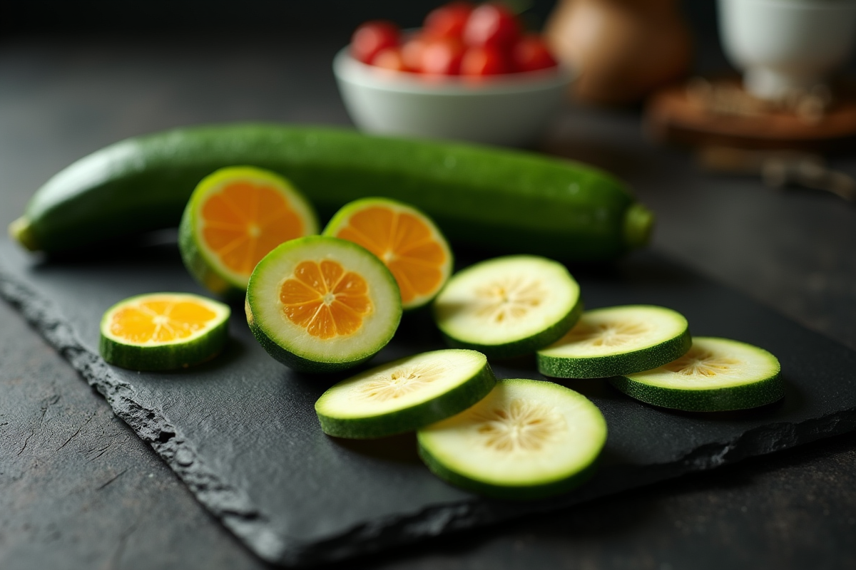 Tranches de zucchini et zapote sur une planche sombre