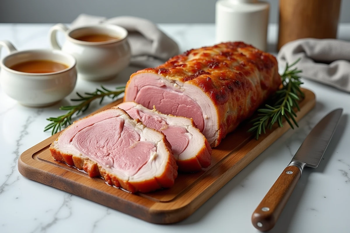 Tranches de rôti de porc juteux sur planche en bois avec pichet de sauce fond de veau et romarin frais sur table en marbre