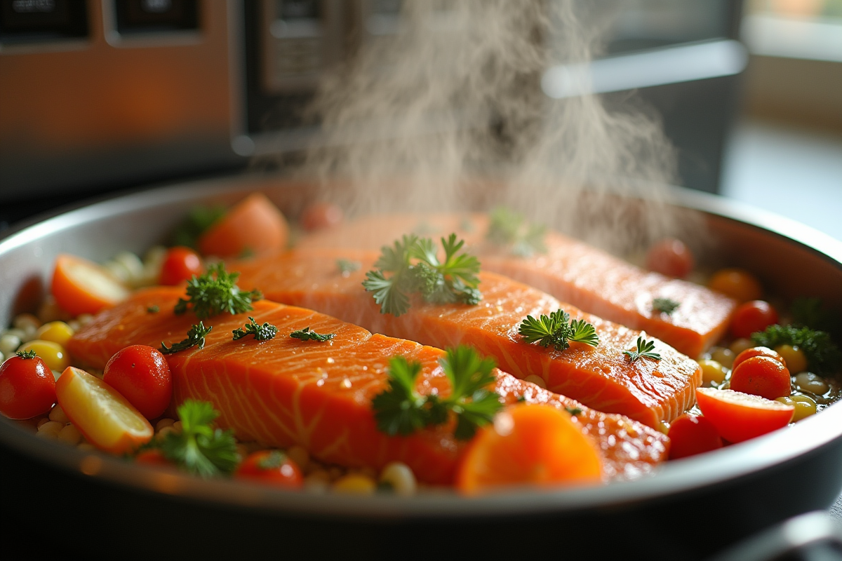 Légumes colorés et saumon dans un four vapeur brillant