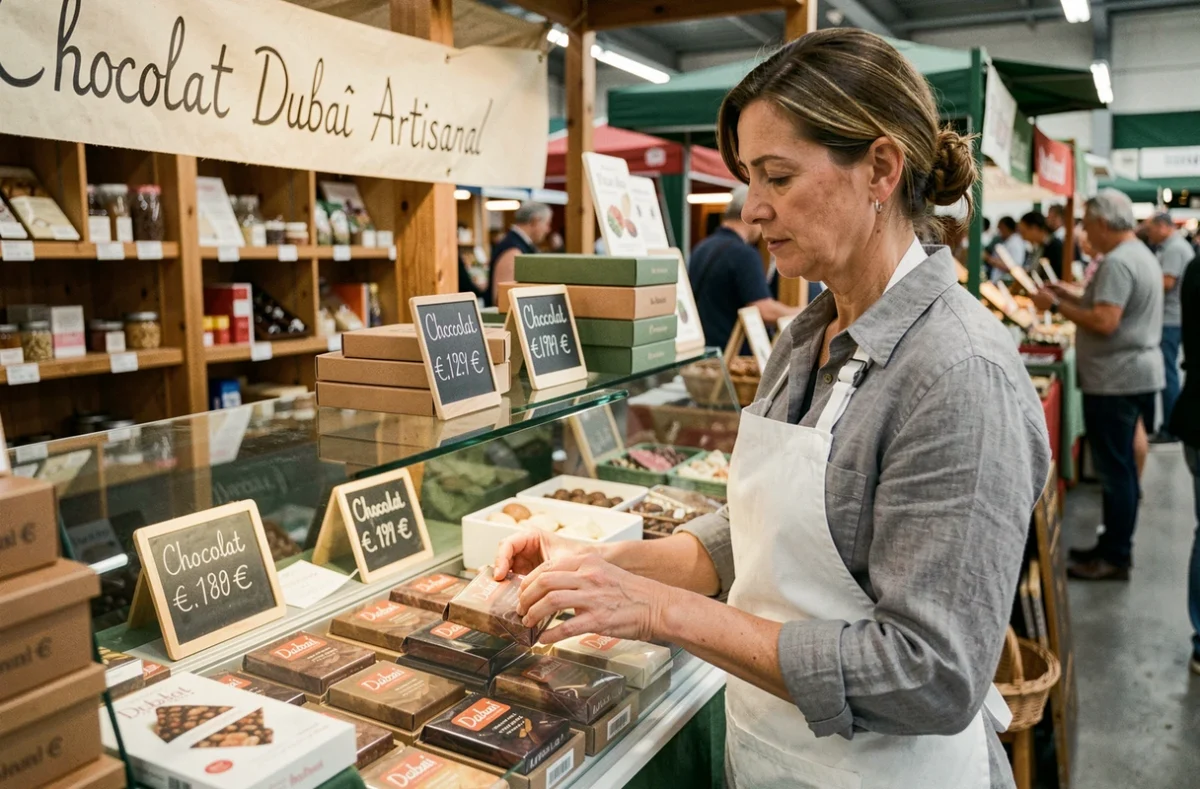 Vendeuse arrangeant des tablettes de chocolat Dubaï dans un étal de marché artisanal avec des prix affichés