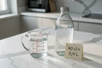 Verre doseur de 40 cl posé à côté d'une bouteille d'un litre sur un plan de travail en marbre blanc avec une note manuscrite indiquant la conversion 40 cl en litre