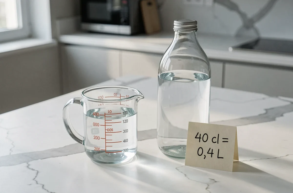 Verre doseur de 40 cl posé à côté d'une bouteille d'un litre sur un plan de travail en marbre blanc avec une note manuscrite indiquant la conversion 40 cl en litre
