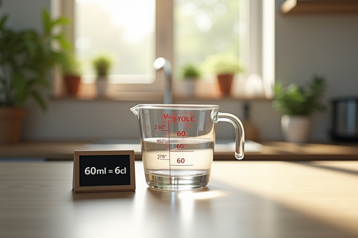 Verre mesure 60 ml sur plan de travail cuisine