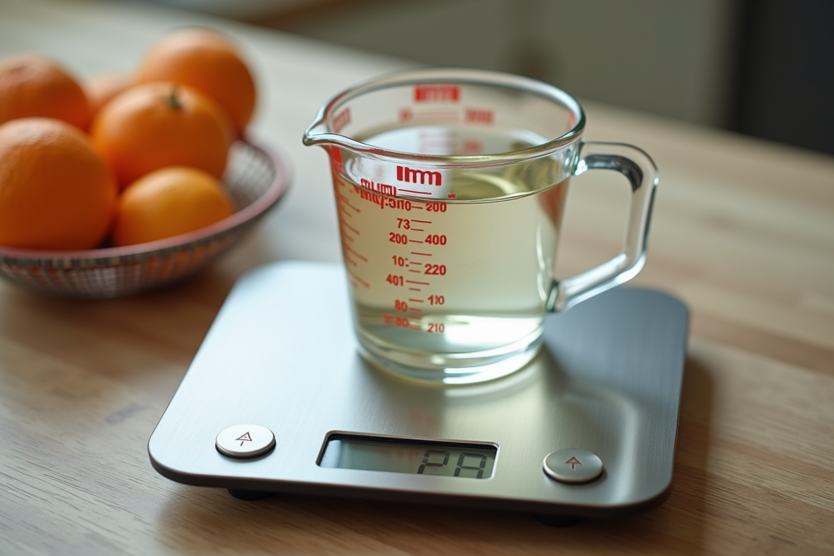 Verre mesureur avec liquide et balance de cuisine