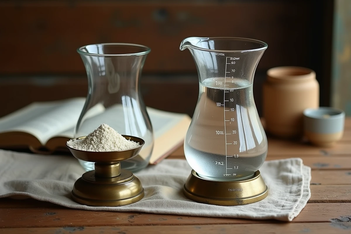 Nature morte culinaire avec un verre mesureur de 40cl et une balance vintage illustrant la conversion en grammes pour la cuisine quotidienne