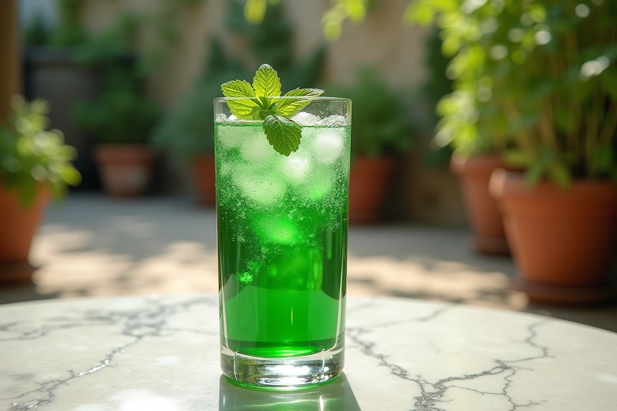 Verre de sirop de menthe pétillant avec glaçons et feuille de menthe fraîche sur une table en marbre extérieure