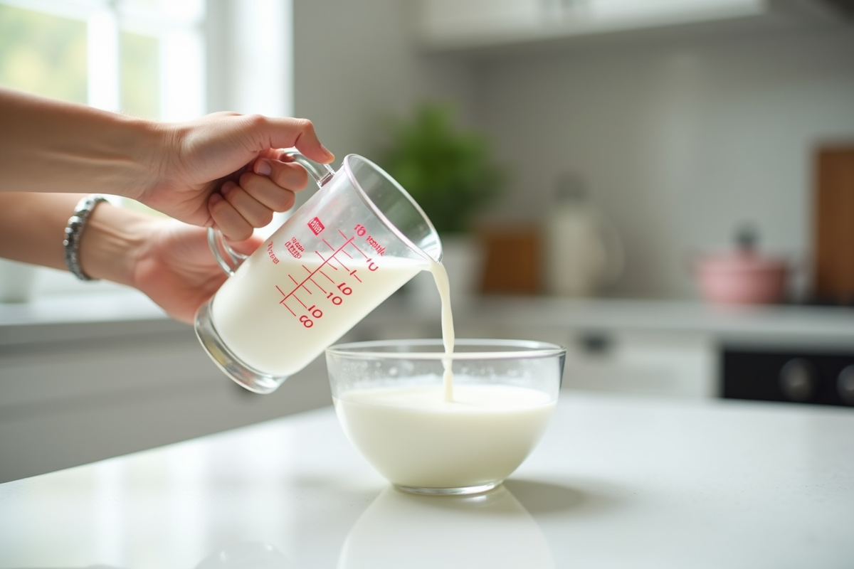 Mains versant 200 ml de lait dans un bol blanc