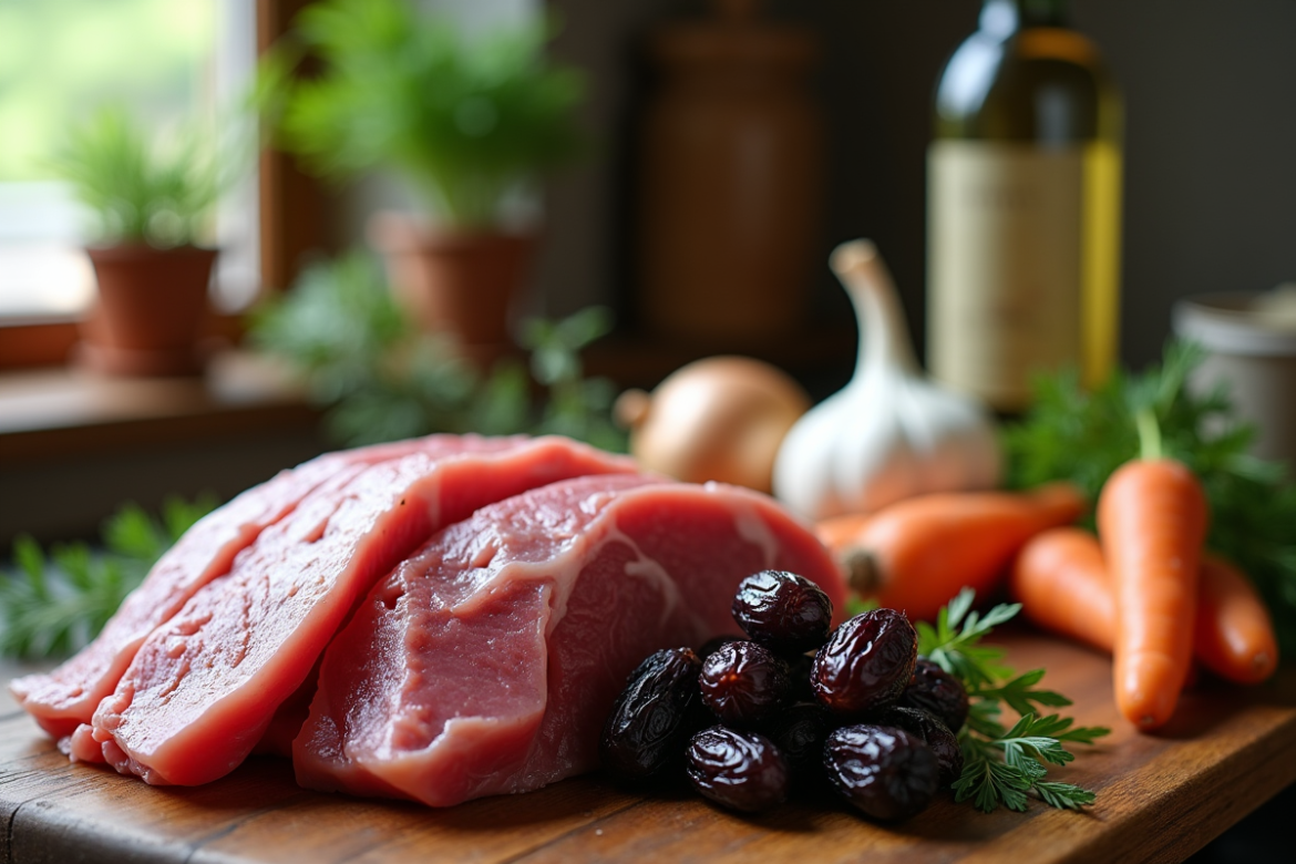 Viande de lapin fraîche avec pruneaux et herbes aromatiques