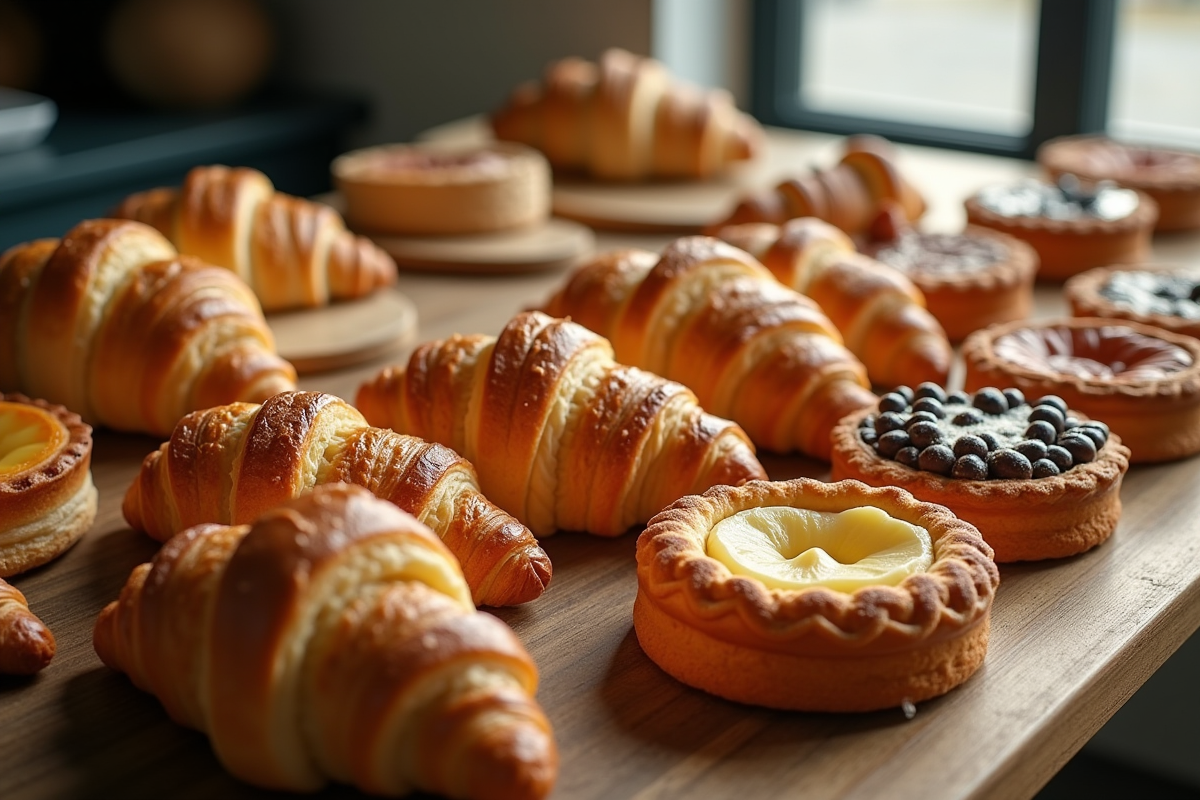 Gamme de viennoiseries et tartes sur un plan de travail en bois