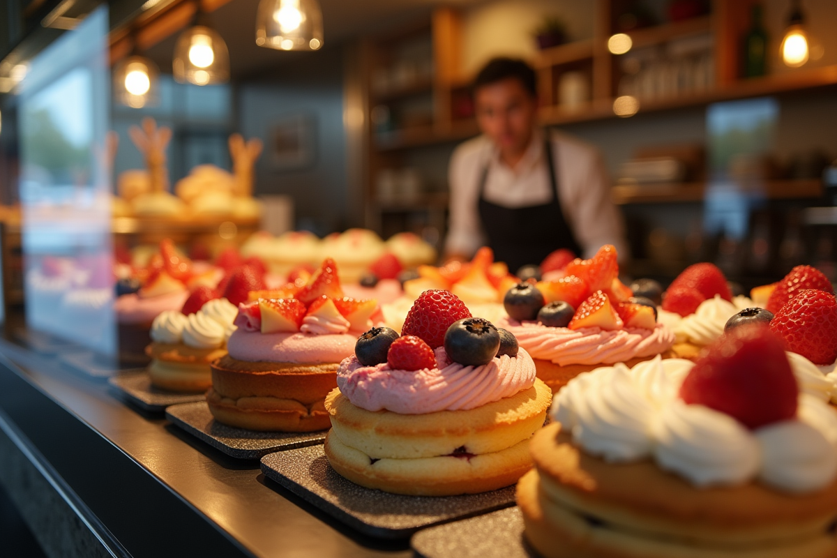 Vitrine de pâtisseries aux fraises dans une boulangerie lumineuse