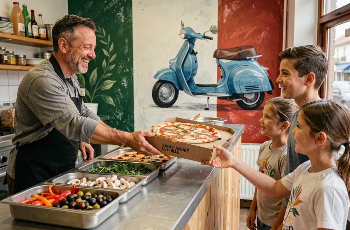 Pizzaiolo remettant une commande à emporter chez Viva Italian Pizza à Saint-André-lez-Lille